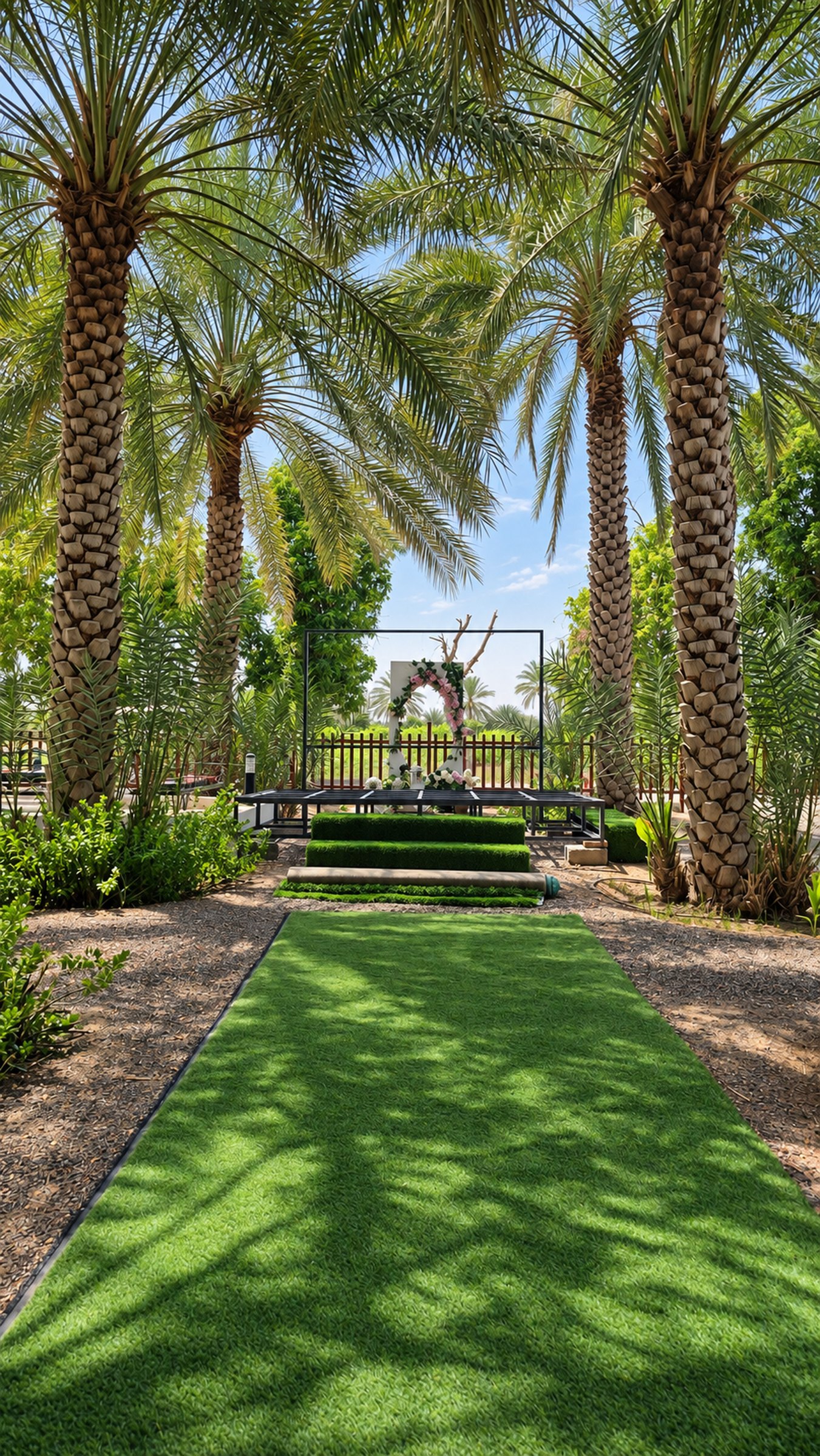 A shaded garden walkway beneath the palms at Al Khamail Farm